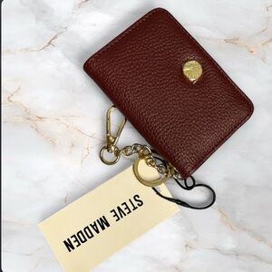 Steve Madden Burgundy Faux Leather Card Holder Keychain with Gold Hardware